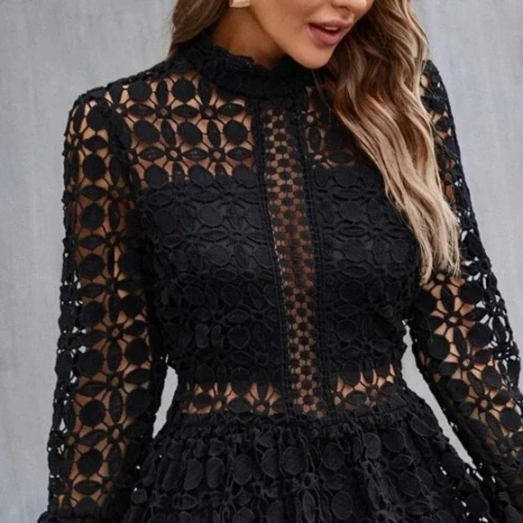 Elegant French Fit-n-Flare Cut Romantic Gupuire Lace Paneled Dress All Black - Picture 4 of 10